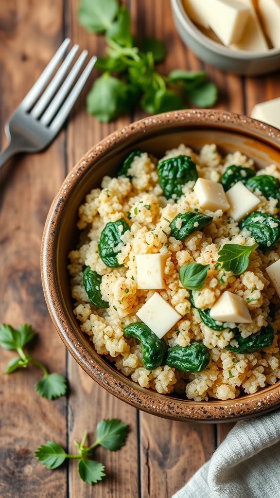 A bowl of creamy quinoa with spinach, garnished with Parmesan cheese on a rustic wooden table.